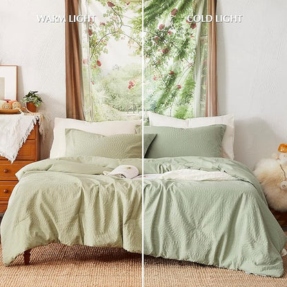 Geniospin King Comforter Set - 7 Pieces Textured Sage Green Bedding Sets, Shabby Chic Comforter Set, All Season Comfortable Bed in a Bag with Comforter, Sheets, Pillowcases & Shams