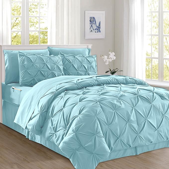 Elegant Comfort 8-Piece Pinch Pleated Comforter Set - All Season Complete Bed in a Bag, Includes 4pc Smart Sheet Set, Bed Skirt, Comforter, Matching Pillowcases and Shams, King/Cal King, Sky Blue