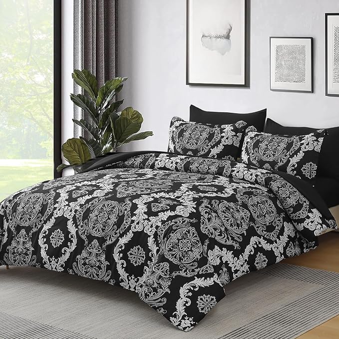 WONGS BEDDING 7 Pieces Comforter Set Queen Size, Black White Texture Bedding Set for All Season, Damask Soft and Breathable Bed in a Bag with Comforter, Flat Sheet, Fitted Sheet, Pillowcases & Shams
