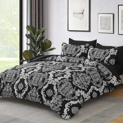 WONGS BEDDING 7 Pieces Comforter Set King Size, Black White Texture Bedding Set for All Season, Damask Soft and Breathable Bed in a Bag with Comforter, Flat Sheet, Fitted Sheet, Pillowcases & Shams