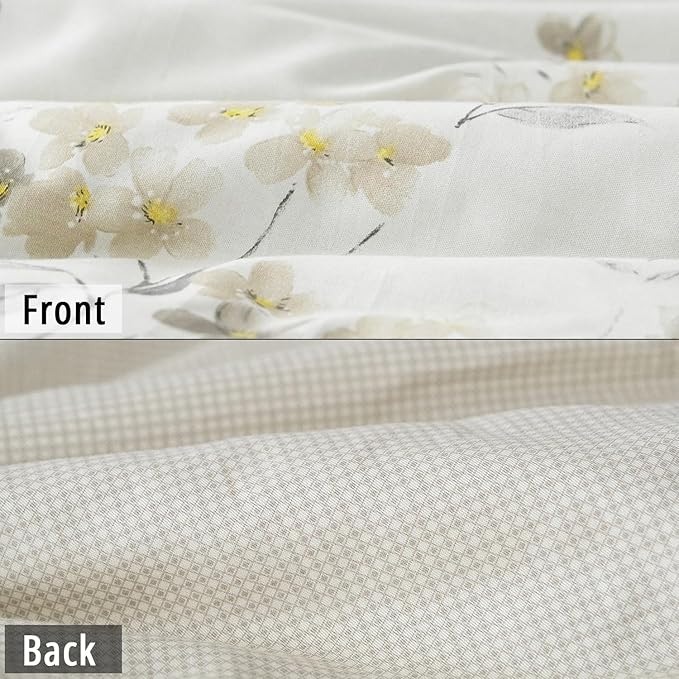Floral Cotton Comforter Queen Size - Cream Comforter with Luxrious Grey Branches & Subtle Beige Blossoms,Reversible Lightweight Bedding Sets 3Pcs(90"×90")