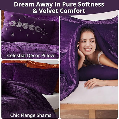 Intelligent Design King Comforter Set, Velvet Comforter Set , Luxury Diamond Quilting Comforter Set, Fluffy Comforter Bed Set with Decorative Pillowand 2 Shams, 4 Piece Purple, King/ Cal King