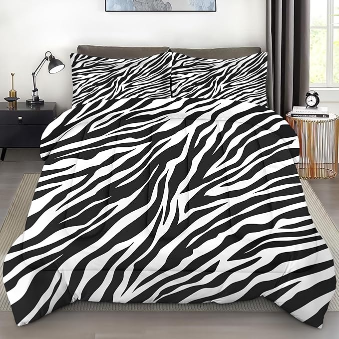 Comforter Set Full Size, Zebra Stripe Vintage Animal Soft Bedding Set for Kids and Adults, Black White Tiger Comforter Set with Pillowcase, for Bedroom Bed Decor