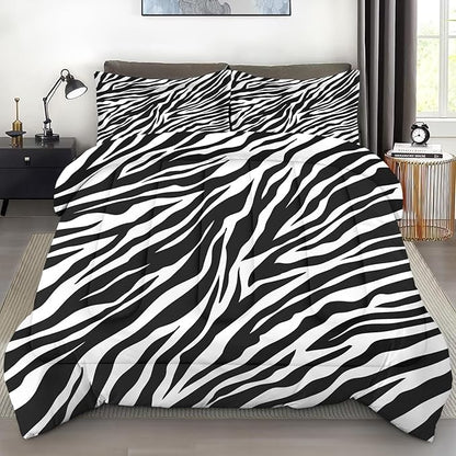 Comforter Set Full Size, Zebra Stripe Vintage Animal Soft Bedding Set for Kids and Adults, Black White Tiger Comforter Set with Pillowcase, for Bedroom Bed Decor