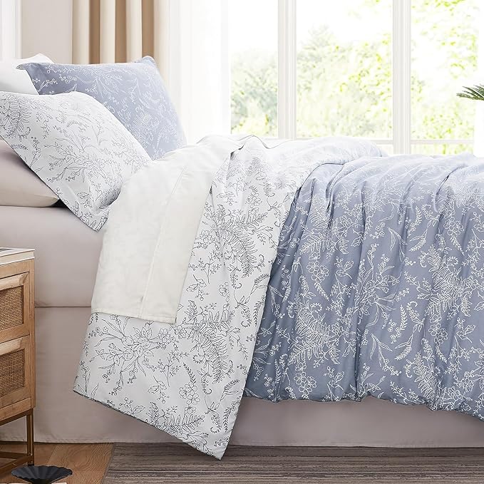Southshore Fine Living, Inc. Queen Size Comforter Sets, Hotel Quality Bedding, Floral Bed Spread with Matching Shams, Reversible Print is 2 Colors in 1, Fits Queen & Full Beds, Winter Brush Blue/White