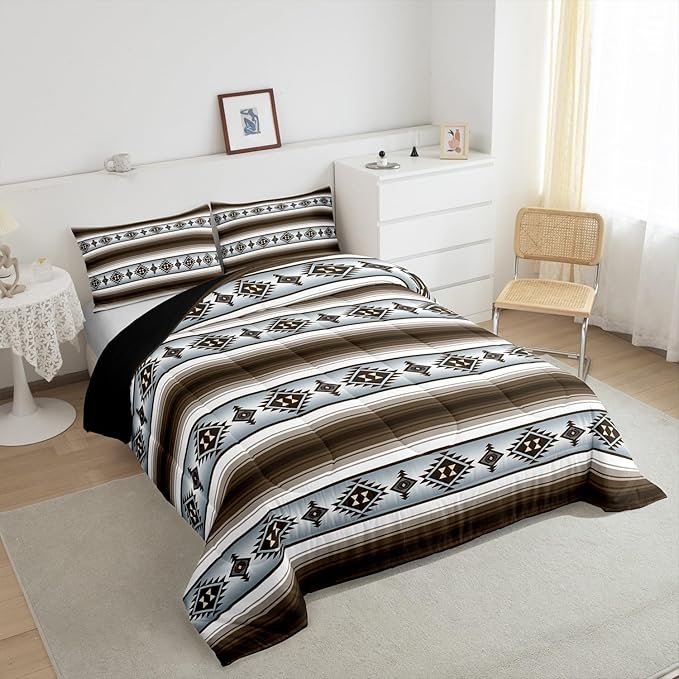 Erosebridal Rustic Boho Comforter Set Toddler Bohemian Western Aztec Stripes Bedding Set Southwest Ethnic Tribal Mexican Down Comforter for Kids Adults Southwestern Farmhouse Cabin Quilt Duvet 2 Pcs