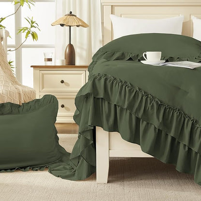 Andency Olive Green King Comforter Set (104x90Inch), 3 Pieces Ruffle Comforter Set with 2 Pillowcases, Farmhouse Shabby Chic Lightweight Fluffy Soft Microfiber All Season Bed Set