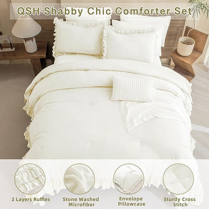 QSH Ruffled Comforter Queen Size, Shabby French Country Chic Bedding Ivory Comforter Sets, 3 Peices Farmhouse Lightweight Boho Comforter Set for Bed, Ultra Soft All Season Microfiber Fluffy Bedding