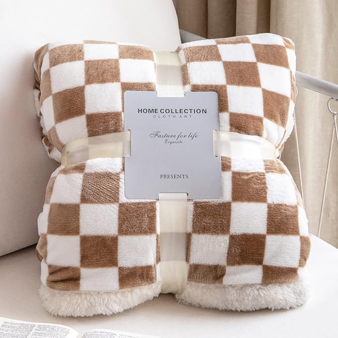 LOMAO Sherpa Throw Blanket Fleece Blanket with Checkered Pattern Soft Thick Blanket for Couch, Bed, Sofa Luxurious Warm and Cozy for All Seasons (Khaki, 60"x80")