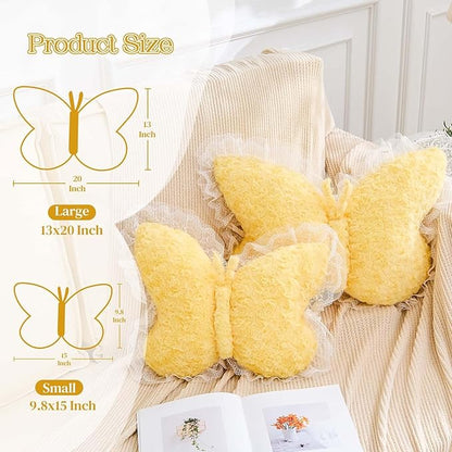 Butterfly Pillow Yellow Decorative Pillows 15" Butterfly Shaped Cute Throw Pillows with Lace Aesthetic Bow Plush Cushion for Room Decor Bed Sofa Couch