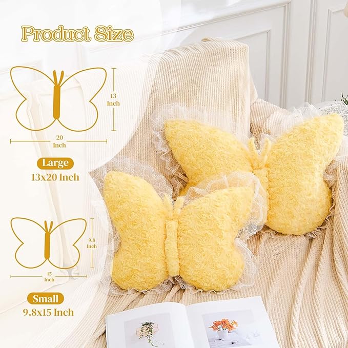 Butterfly Pillow Yellow Decorative Pillows 20" Butterfly Shaped Cute Throw Pillows with Lace Aesthetic Bow Plush Cushion for Room Decor Bed Sofa Couch