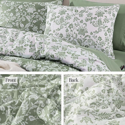 Full Comforter Set -7 Pieces Floral Grey Green Comforter Set for All Seasons, Bed in a Bag Full with Botanical Flowers Comforter, Sheets, Pillowcases & Shams