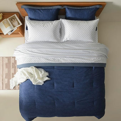 Comfort Spaces Full 7 Pieces Comforter Set, Boho Bed Sets for Full Size, Farmhouse Bedding Sets with Comforter, Gift Bed in a Bag with Comforter, Sheets, Pillowcases, and Shams, Full, Navy
