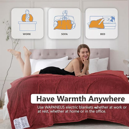 Wapaneus Heated Blanket Electric Full Size 72"x84" with 10 Heating Levels 12 Timer Settings and 8 Hours Auto-Shut Off,Flannel Fast-Heating Electric Blanket,ETL Listed Machine Washable，Red