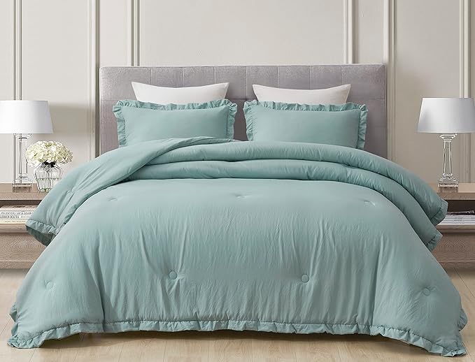 Chezmoi Collection Nora Aqua Comforter Set Full Size 3-Piece Fluffy Soft Lightweight Bedding Ruffled Edge Trim Stone-Washed Microfiber Comforter Set for All Season