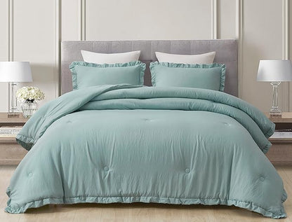Chezmoi Collection Nora Aqua Comforter Set Full Size 3-Piece Fluffy Soft Lightweight Bedding Ruffled Edge Trim Stone-Washed Microfiber Comforter Set for All Season