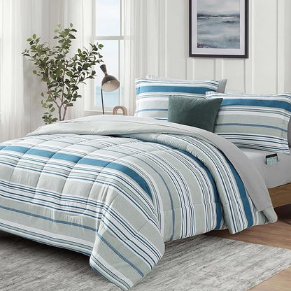 Monbix Queen Comforter Set - 7 Pieces Bed in a Bag Queen, Blue-Stripe Bedding Sets, All Seasons Comforter Bed Set with Sheets, Pillowcases & Shams