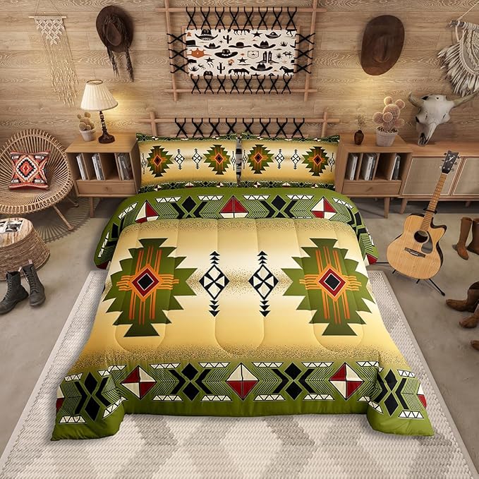 Erosebridal Boys Western Aztec Comforter Set Queen Size, Native Tribal Ethnic Bedding Set Farmhouse Boho Geometric Quilt Southwestern Ethnic American Native Duvet Insert for Adult Men,Yellow Green