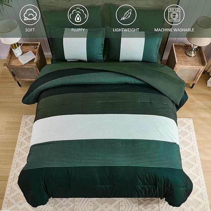 Anibedding Dark Green King Size Comforter Set, 7 Piece Green Striped Bed in a Bag, Soft Microfiber All Season Bedding Set with Comforter, Sheets, Pillowcases & Shams