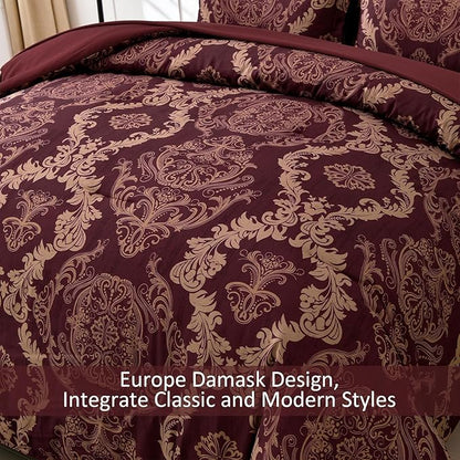 WONGS BEDDING Burgundy Comforter Set Queen Size, Maroon Damask Texture 7 Pieces Bed in a Bag Microfiber Comforter Bedding Sets -1 Comforter, 1 Flat Sheet, 1 Fitted Sheet, 2 Pillow Shams, 2 Pillowcases