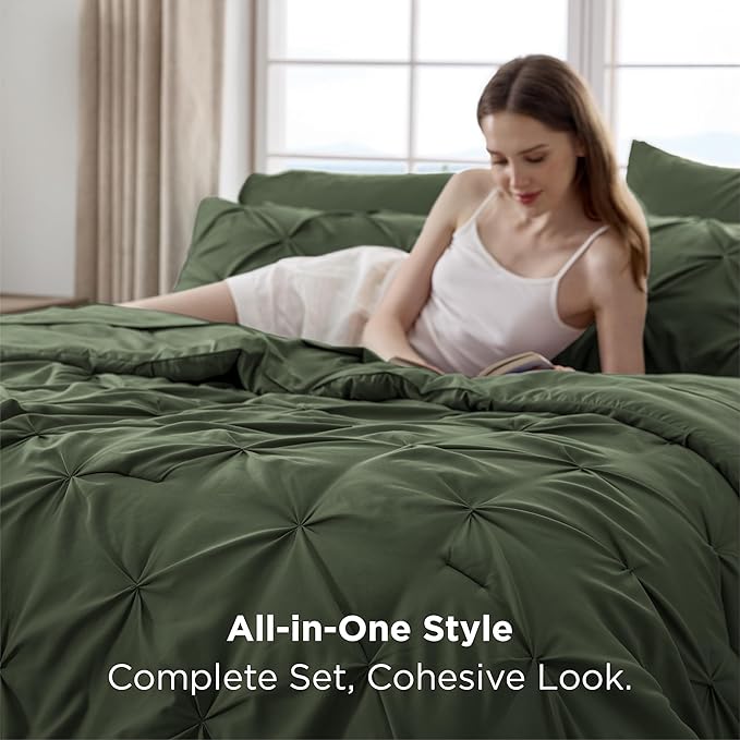 Bedsure Queen Comforter Set Olive Green - Bed in a Bag Queen Size Bedding 7 Pieces, GentleSoft™ Pintuck Bed Set Gift for Family, Pinch Pleat All Season Comforter with Sheets, Pillowcases & Shams