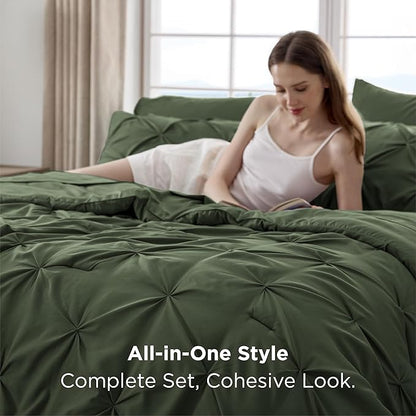 Bedsure King Size Comforter Set Olive Green - Bed in a Bag Bedding Set 7 Pieces, GentleSoft™ Pintuck Bed Set Gift for Family, Pinch Pleat Olive Green Comforter with Sheets, Pillowcases & Shams