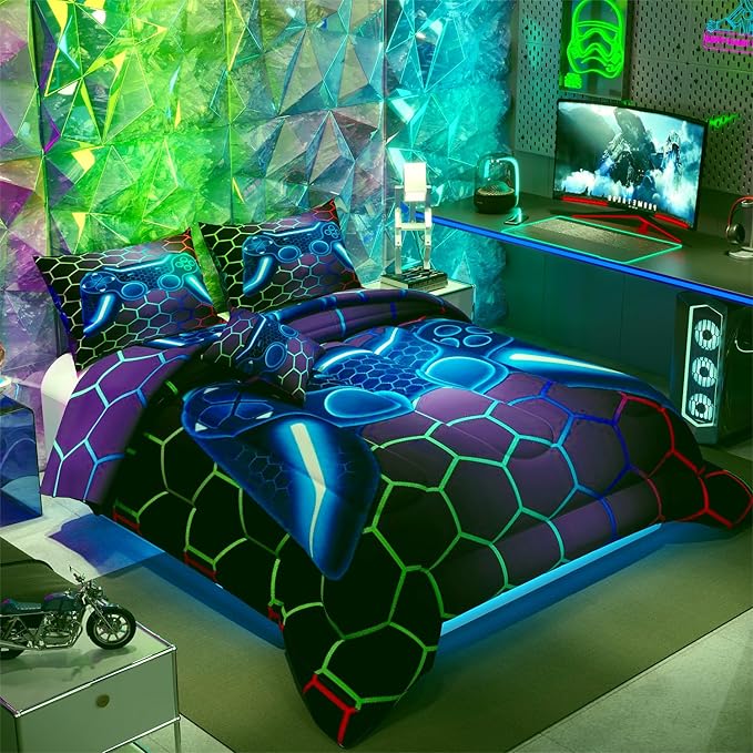 Namoxpa6 Pieces Gamer Comforter Sets for Boys Kids,3D Blue Pattern,Decorative 6 Piece Bedding Sets with Comforter,Flat Sheet,Fitted Sheet,Throw Pillow Cover,Pillow Shams,Twin Size