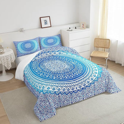 Blue Mandala Comforter Set for Teens Hippie Mandala Bedding Set Psychedelic Bedding Home Decor for Kids Comforter Twin Size 2 Pcs Art Bohemian Quilted Duvet Set 1 Comforter with 1 Pillowcase