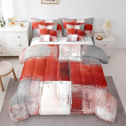 Erosebridal Red White Gray Full Comforter Set 7pcs Aesthetic Bed in a Bag, Modern Watercolor Bedding Comforter Sets (1 Comforter + 1 Fitted Sheet + 1 Flag Sheet + 2 Pillowcase + 2 Throw Pillow Cover)