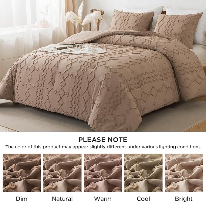 Andency Taupe Tufted Comforter Set Twin(66x90Inch), 2 Pieces(1 Boho Comforter, 1 Pillowcase) Textured Farmhouse, Soft Microfiber Down Alternative Geometric Bedding Set