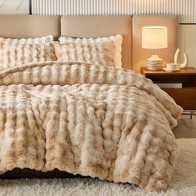 Twin Faux Rabbit Fur Comforter Set - 3 Pieces Fluffy Bedding Set Ultra Soft Warm Shaggy Winter Flannel Bed Set, Luxury Skin Friendly Sherpa Comforter Set & Pillow for Thanksgiving Tie Dye Coffee