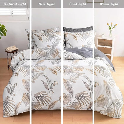 Natural Cotton 3pcs Floral Comforter Sets Queen Size-Gray Comforter with Luxurious Brown Branches and Taupe & Gray Leaves on White, Reversible Lightweight Bedding Sets(Queen)