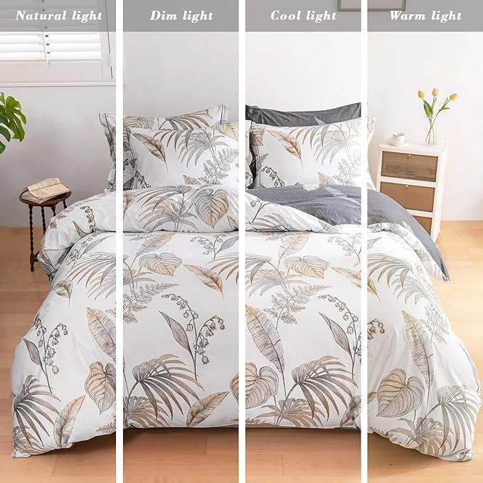 Natural Cotton 2pcs Floral Comforter Sets Twin Size-Gray Comforter with Luxurious Brown Branches and Taupe & Gray Leaves on White, Reversible Lightweight Bedding Sets(Twin 68"×90")