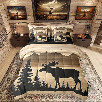 Erosebridal Antler Moose Bed in A Bag with Flat Fitted Sheets | Queen Size 7 Pieces Hunting Deer Comforter Set with Sheets Rustic Cabin Lodge Bedding Set Woodland Country Deer Silhouette Bed Sets