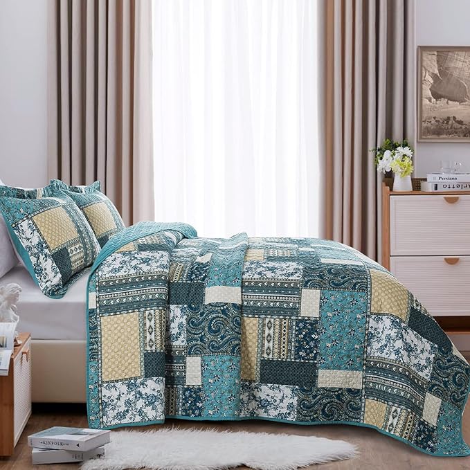 BEDIFANY Cotton King Size Quilt Set, Lightweight Bedspread King Size Coverlet Boho King Quilt, Soft Farmhouse King Quilt Bedding Sets for Bed Decorations for All Seasons (3 Pieces, Blue)