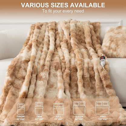 Faux Fur Heated Blanket Full Size 72"X84" - Bubble Faux Fur Electric Blanket Fluffy Soft Fuzzy with 6 Fast Heating Levels & 10 hrs Timer Settings, Washable & ETL Certified for Bed, Tie-Dye Beige