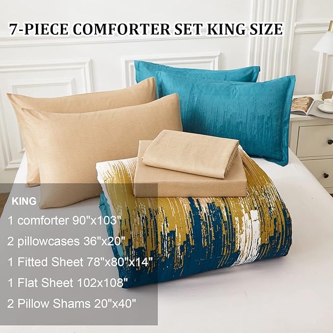 WONGS BEDDING Teal Comforter Set King,7 Pieces Bed in a Bag Abstract Art Gradient Comforter Soft Microfiber Bedding Set -1 Comforter, 1 Flat Sheet, 1 Fitted Sheet, 2 Pillow Shams,2 Pillowcases