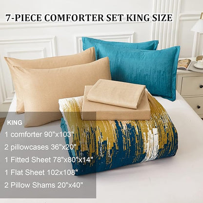 WONGS BEDDING Teal Comforter Set King,7 Pieces Bed in a Bag Abstract Art Gradient Comforter Soft Microfiber Bedding Set -1 Comforter, 1 Flat Sheet, 1 Fitted Sheet, 2 Pillow Shams,2 Pillowcases