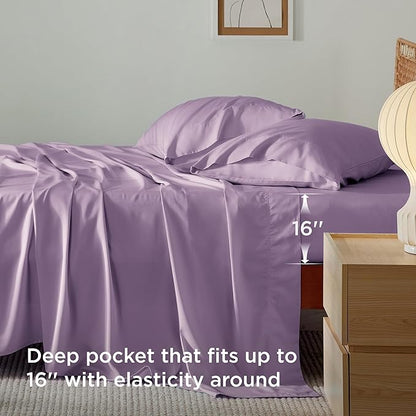 Bedsure Queen Sheet Set, Rayon Derived from Bamboo, Cooling Sheets, Breathable & Soft, Deep Pocket Up to 16 Inches, Hotel Luxury Silky Bedding for Hot Sleepers, Lilac