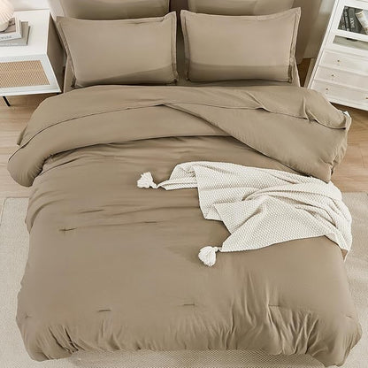 Litanika Oversized Queen Size Comforter Set Taupe - 7 Pieces Bed in a Bag Oversized Beddding Sets, Solid Lightweight Bed Set with Comforter, Sheets, Pillowcases & Shams