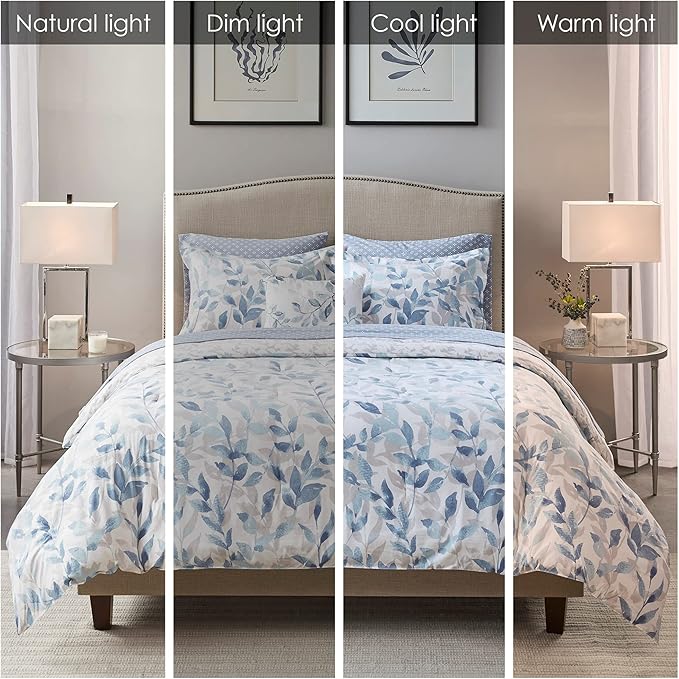 Madison Park Essentials Cozy Bed in a Bag Reversible Comforter with Complete Sheet Set - Modern Botanical Print All Season Cover, Shams, Decorative Pillow, Queen(90"x90"), Blue 8 Piece