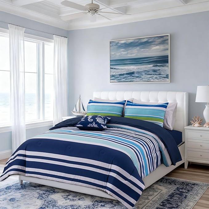 Holawakaka Beach Stripe Bedding Sets 6 Pieces, Navy Blue Coastal Striped Comforter Set King Size All Season Geometric Bed Set, Nautical Bed in a Bag with Comforter,Sheets and Shams