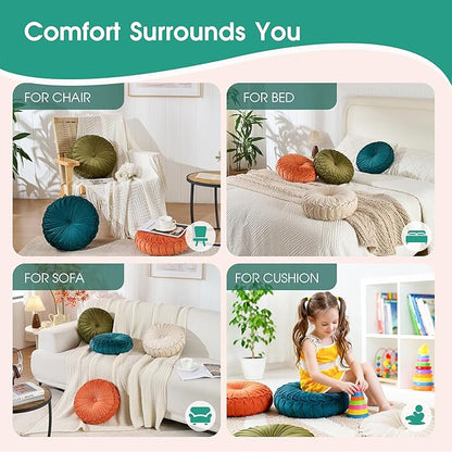 ROSE&RISY Round Pleated Velvet Throw Pillows, 2 Pcs Decorative Accent Pumpkin Pillow Cushion for Couch Sofa Chair Bed Car Home Decor (14.5 Inch, Teal)