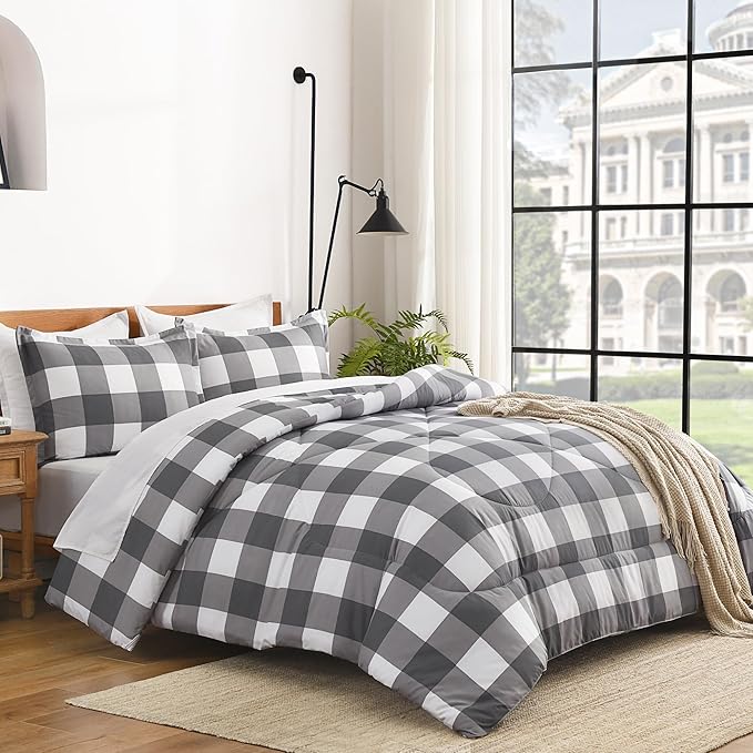 Andency Plaid Comforter Full(79x90Inch), Gray White Checkered Gingham Buffalo Bed Set for Boys Teens, Lightweight Bedding, 3 Pieces(1 Comforter & 2 Pillowcases)