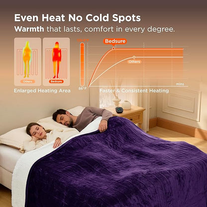 Bedsure Electric Blanket Queen Size - Dual Control Heated Blanket Queen, Fast Heating with 10 Time Settings & 10 Heat Settings, Warm Gift for Grandma (84x90 inches, Purple)