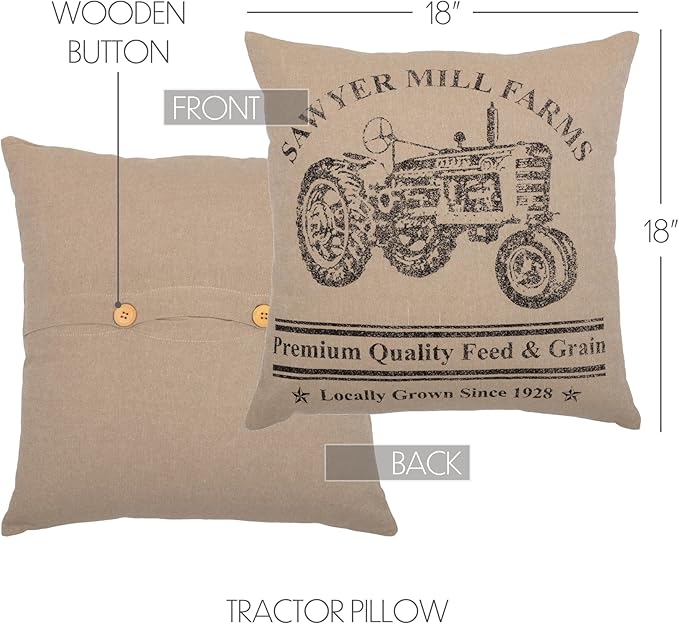 VHC Brands Sawyer Mill Graphic/Print Chambray Cotton Farmhouse Stenciled Square Pillow 18x18 Filled Bedding Accessory, Tractor Charcoal
