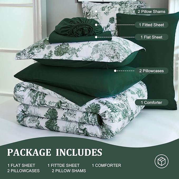 DJY Queen Size Comforter Sets, Green Botanical Comforters with Sheets 7 Pieces Bed in a Bag Queen Elegant Plants Print Soft Microfiber Reversible Complete Bedding Sets for All Season