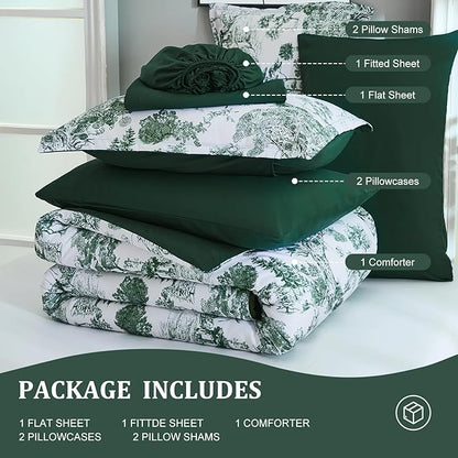 DJY King Size Comforter Sets, Green Botanical Comforters with Sheets 7 Pieces Bed in a Bag King Elegant Plants Print Soft Microfiber Reversible Complete Bedding Sets for All Season