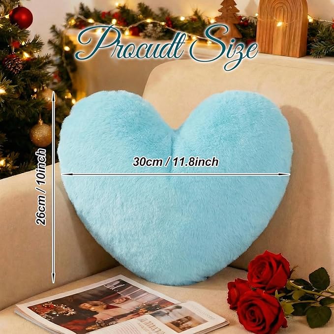 Nydotd Heart Pillows Cute Fuzzy Throw Pillow Blue Love Heart Shaped Decorate Pillows for Bed Livingroom Sofa Gifts Home Decor Cushion Small 11.8" x 10"