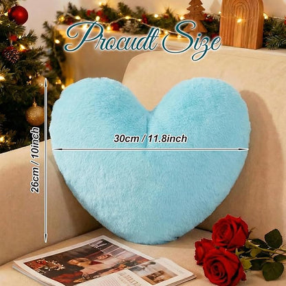 Nydotd Heart Pillows Cute Fuzzy Throw Pillow Blue Love Heart Shaped Decorate Pillows for Bed Livingroom Sofa Gifts Home Decor Cushion Small 11.8" x 10"